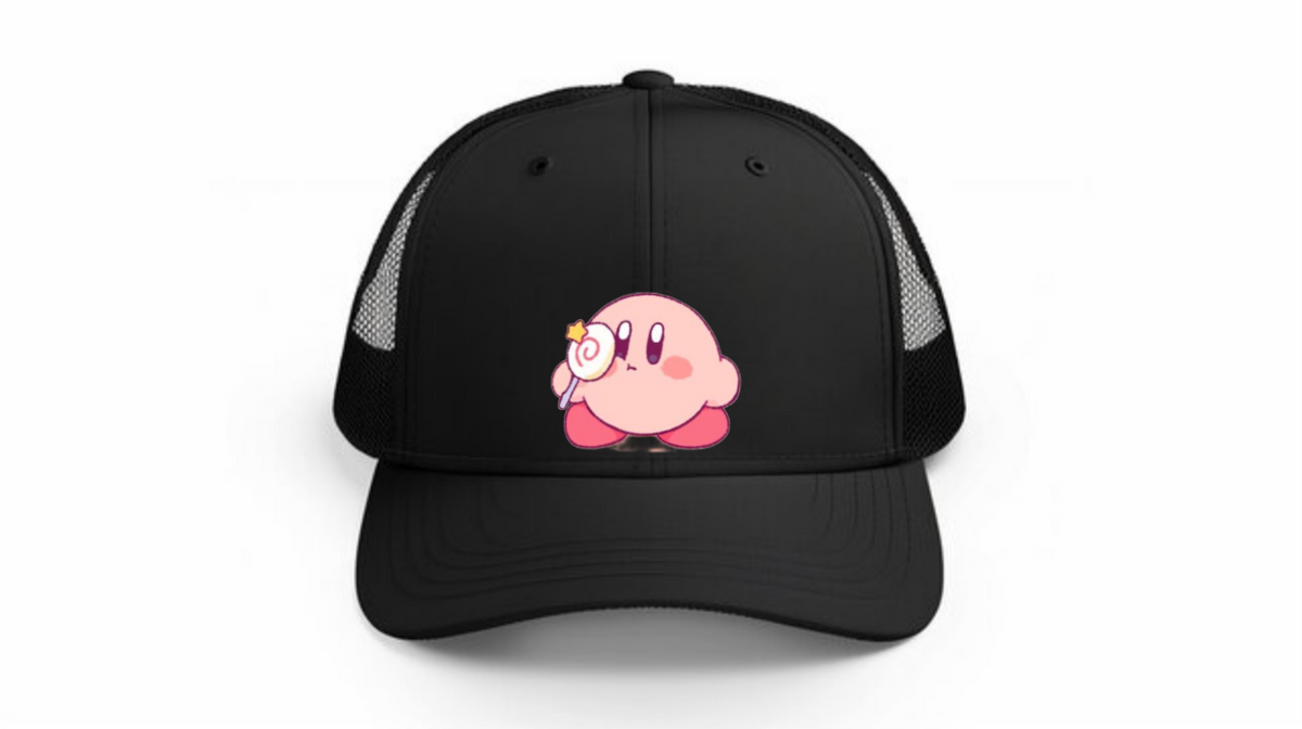 Kawaii Kirby Crown Pink Character Mesh Trucker Hat, Cute Anime Princess/King Black Baseball Cap, Adjustable Snapback for Women and Teens 27