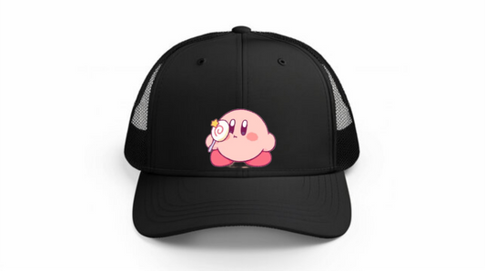Kawaii Kirby Crown Pink Character Mesh Trucker Hat, Cute Anime Princess/King Black Baseball Cap, Adjustable Snapback for Women and Teens 27