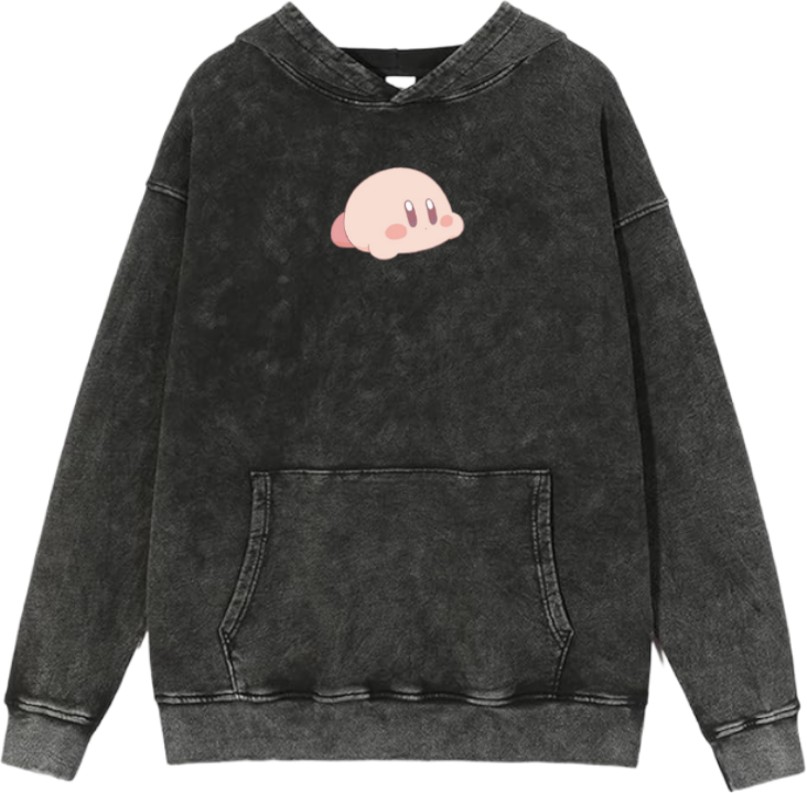 Cute Pink Anime Kirby Character Graphic Vintage Washed Hoodie for Women and Men, Kawaii Cartoon Dark Grey Pullover Sweatshirt 27