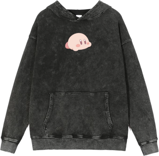 Cute Pink Anime Kirby Character Graphic Vintage Washed Hoodie for Women and Men, Kawaii Cartoon Dark Grey Pullover Sweatshirt 27