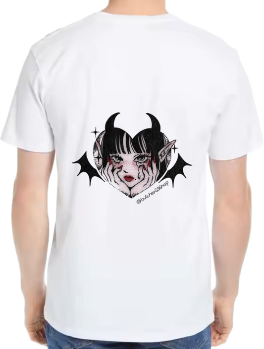 A devil with small horns and a heart t- shirt One Size White back 27
