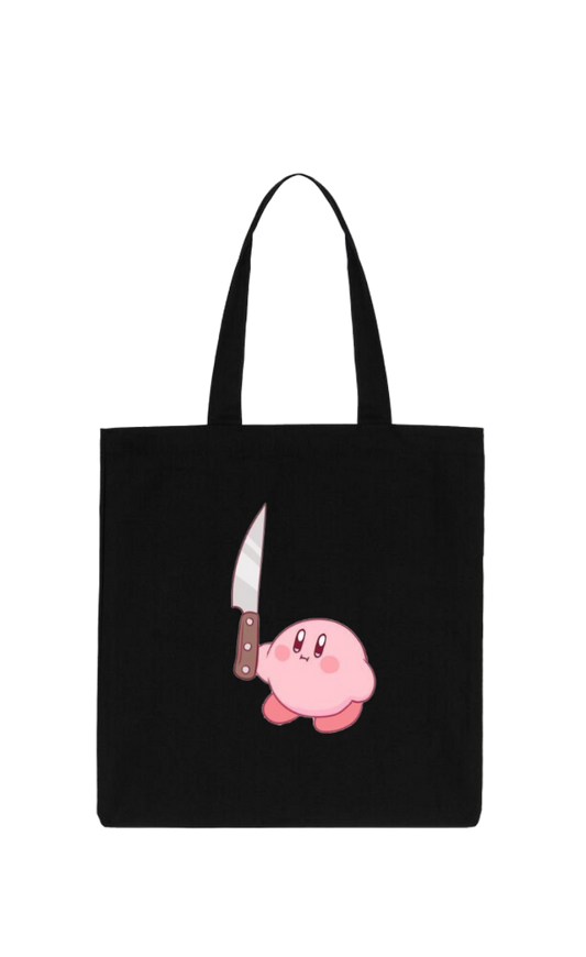 Kawaii Cute Kirby Black Canvas Tote Bag, Aesthetic Anime Character Reusable Shopping Bag, Large Grocery Bag, Book Tote for Women and Girls 27