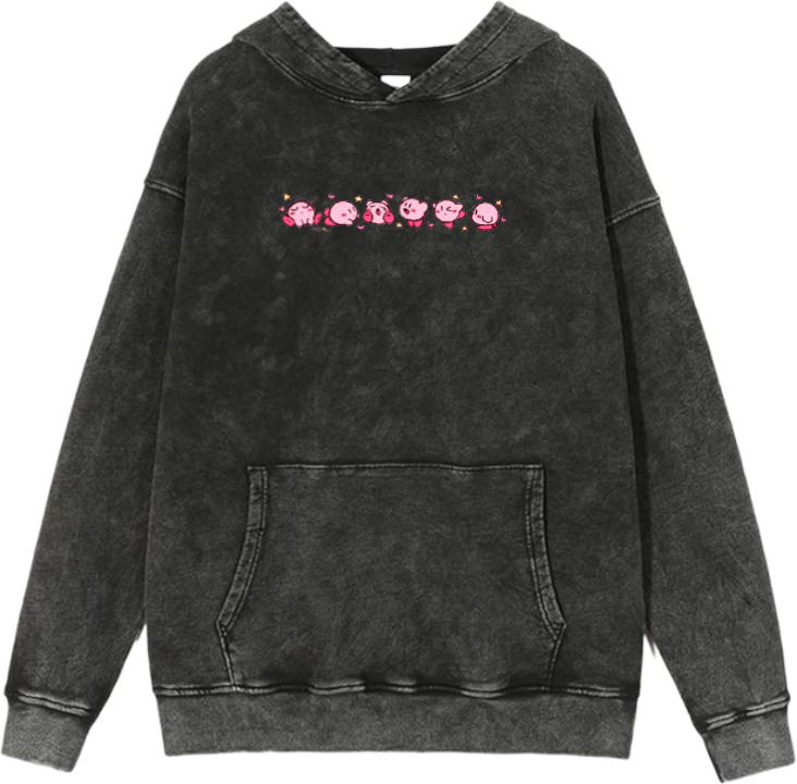 Cute Pink Anime Kirby Character Graphic Vintage Washed Hoodie for Women and Men, Kawaii Cartoon Dark Grey Pullover Sweatshirt 28