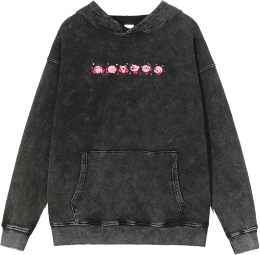 Cute Pink Anime Kirby Character Graphic Vintage Washed Hoodie for Women and Men, Kawaii Cartoon Dark Grey Pullover Sweatshirt 28