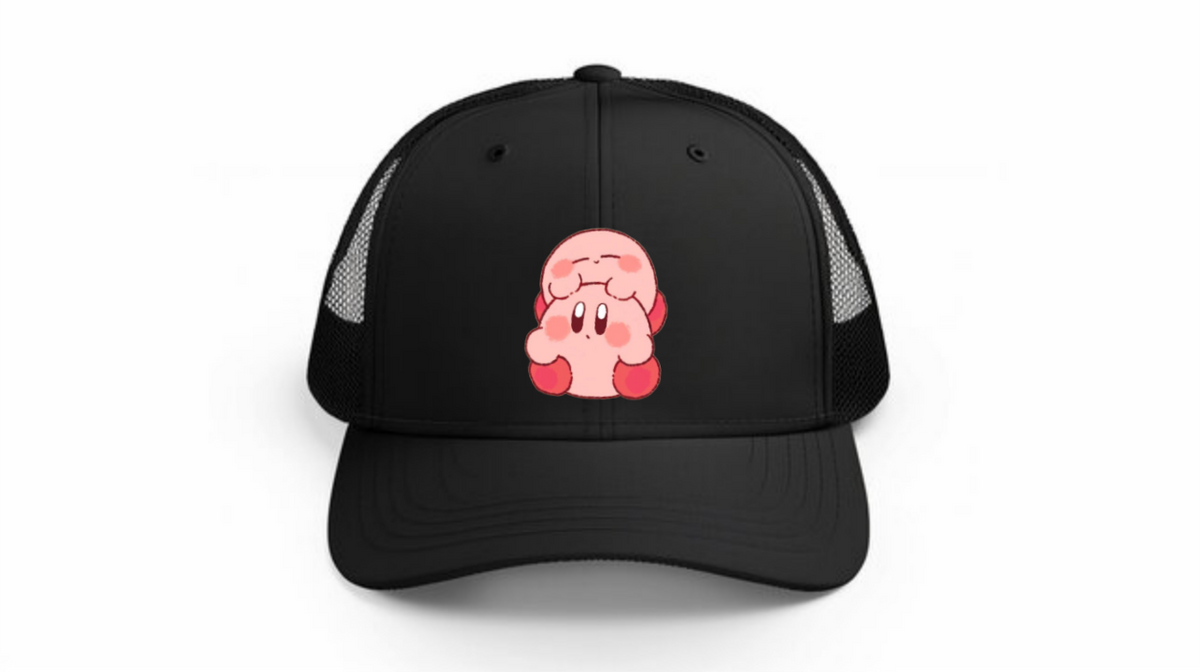 Kawaii Kirby Crown Pink Character Mesh Trucker Hat, Cute Anime Princess/King Black Baseball Cap, Adjustable Snapback for Women and Teens 28