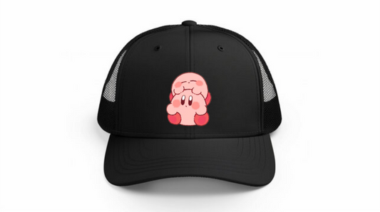 Kawaii Kirby Crown Pink Character Mesh Trucker Hat, Cute Anime Princess/King Black Baseball Cap, Adjustable Snapback for Women and Teens 28