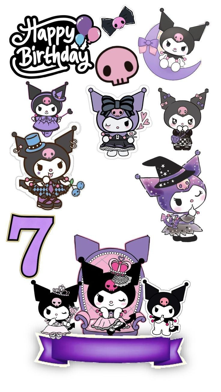 Kuromi Happy Birthday Stickers Pack, Cute Sanrio Purple & Black Kawaii Goth Anime Waterproof Vinyl Decals for Water Bottles, Laptops, Phone, and Party Decor