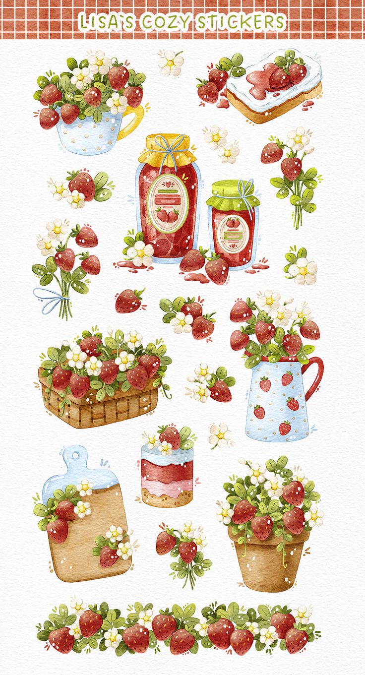 Cozy Strawberry and Baking Watercolor Stickers Pack, Cute Sweet Treats, Strawberry Jam, and Aesthetic Theme Stickers for Journaling, Scrapbooking, Water Bottles, Laptop, and Planner Decals