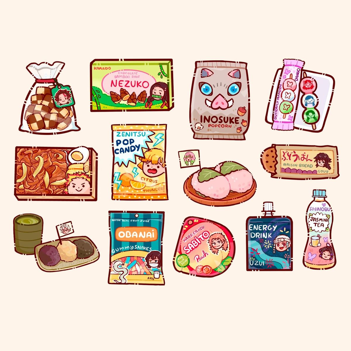 Demon Slayer Theme Snacks and Foods Stickers Pack, Cute Anime Character Decals for Journaling, Scrapbooking, Water Bottles, Laptop, and Planner