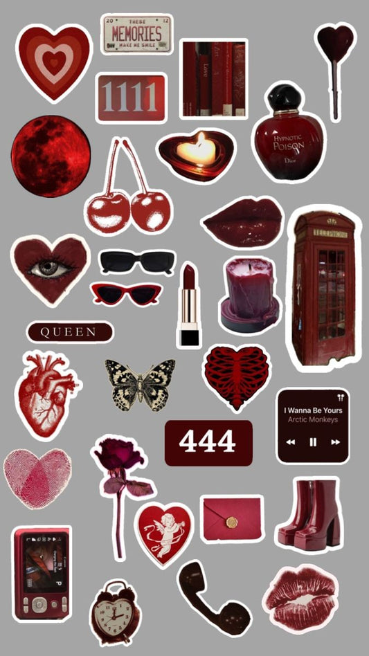 Dark Red Aesthetic Stickers Pack, Maroon Vintage Love Quotes, Cherries, Lips, Red Moon, and Waterproof Vinyl Decals for Journaling, Scrapbooking, and Laptops