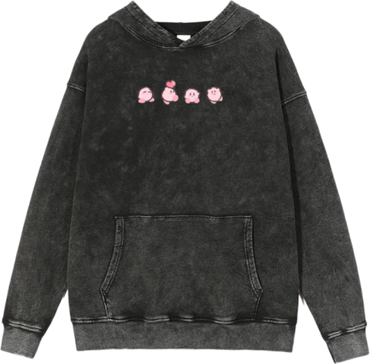 Cute Pink Anime Kirby Character Graphic Vintage Washed Hoodie for Women and Men, Kawaii Cartoon Dark Grey Pullover Sweatshirt 29
