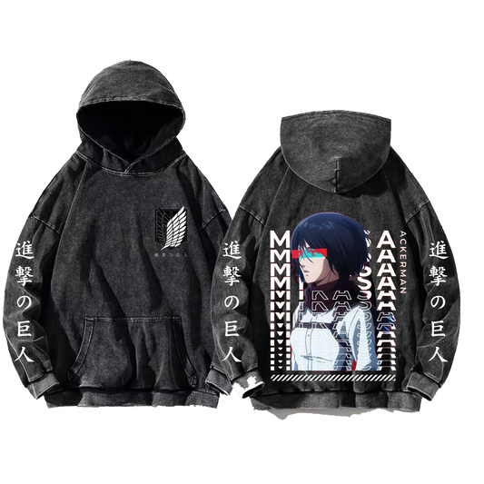 Anime Attack on titan shingeki no kyojin eren levi mikasa Aot Oversize Wash Hoodie gray 29