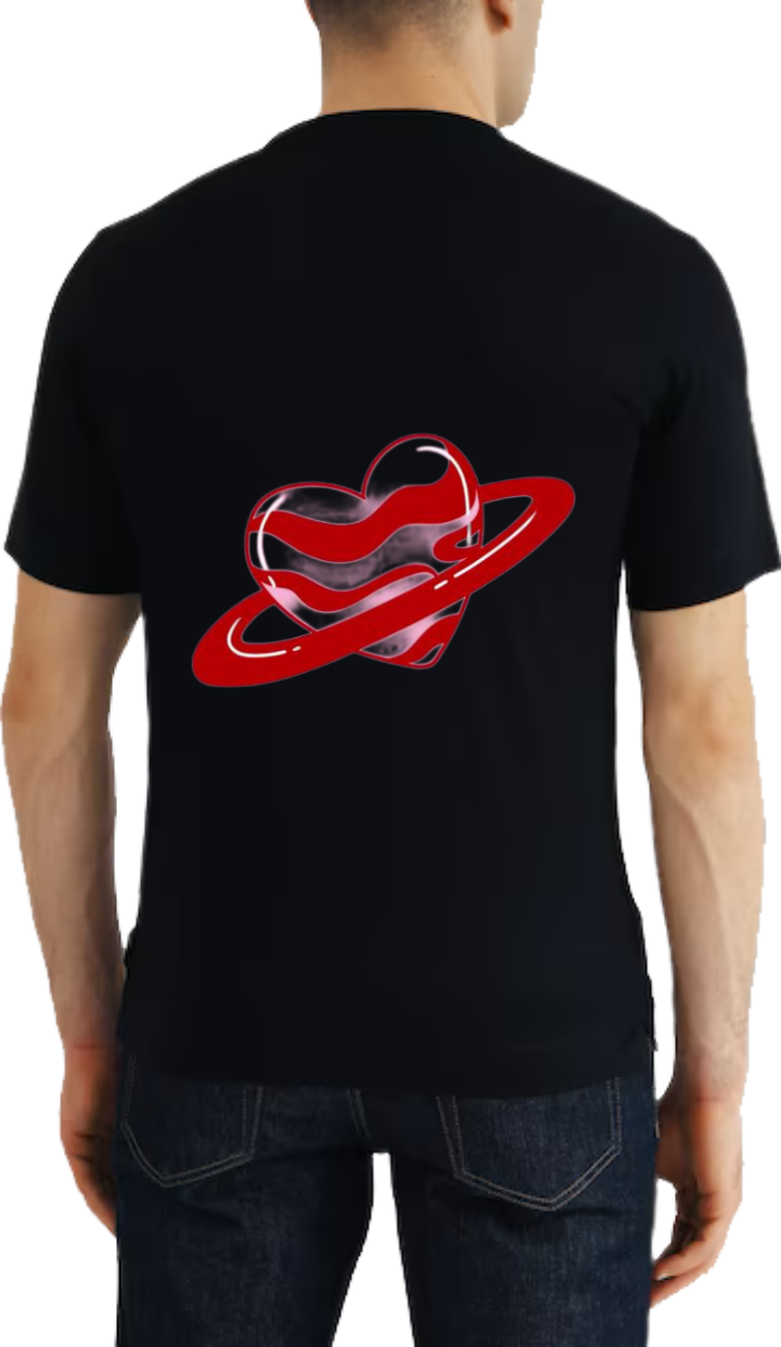 red heart shaped like the planet Saturn t- shirt One Size Black back 29