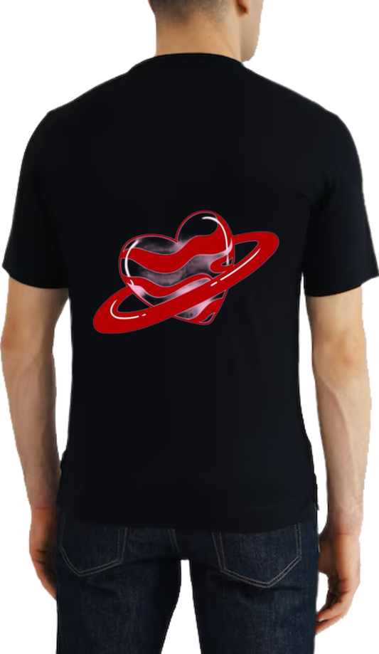 red heart shaped like the planet Saturn t- shirt One Size Black back 29
