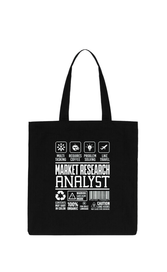 MARKET RESEARCH ANALYST Back text tote bag Black 144