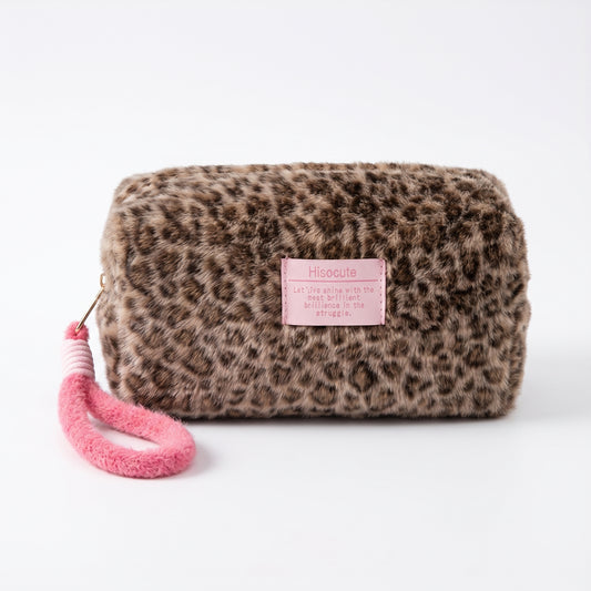 Leopard Print Plush Makeup Bag, Portable Pouch for Skincare And Toiletries (Brown)