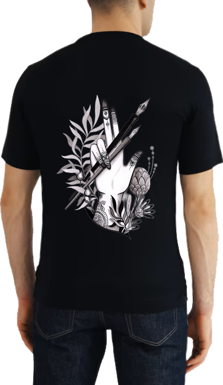 artistic LED backdrop featuring writing tools and plants t- shirt One Size Black back 2