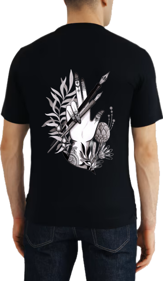 artistic LED backdrop featuring writing tools and plants t- shirt One Size Black back 2