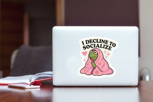 Kermit Meme Sticker, "I Decline to Socialize" Funny Introvert Waterproof Vinyl Decal for Laptop, Water Bottle, Hydro Flask, and Journal