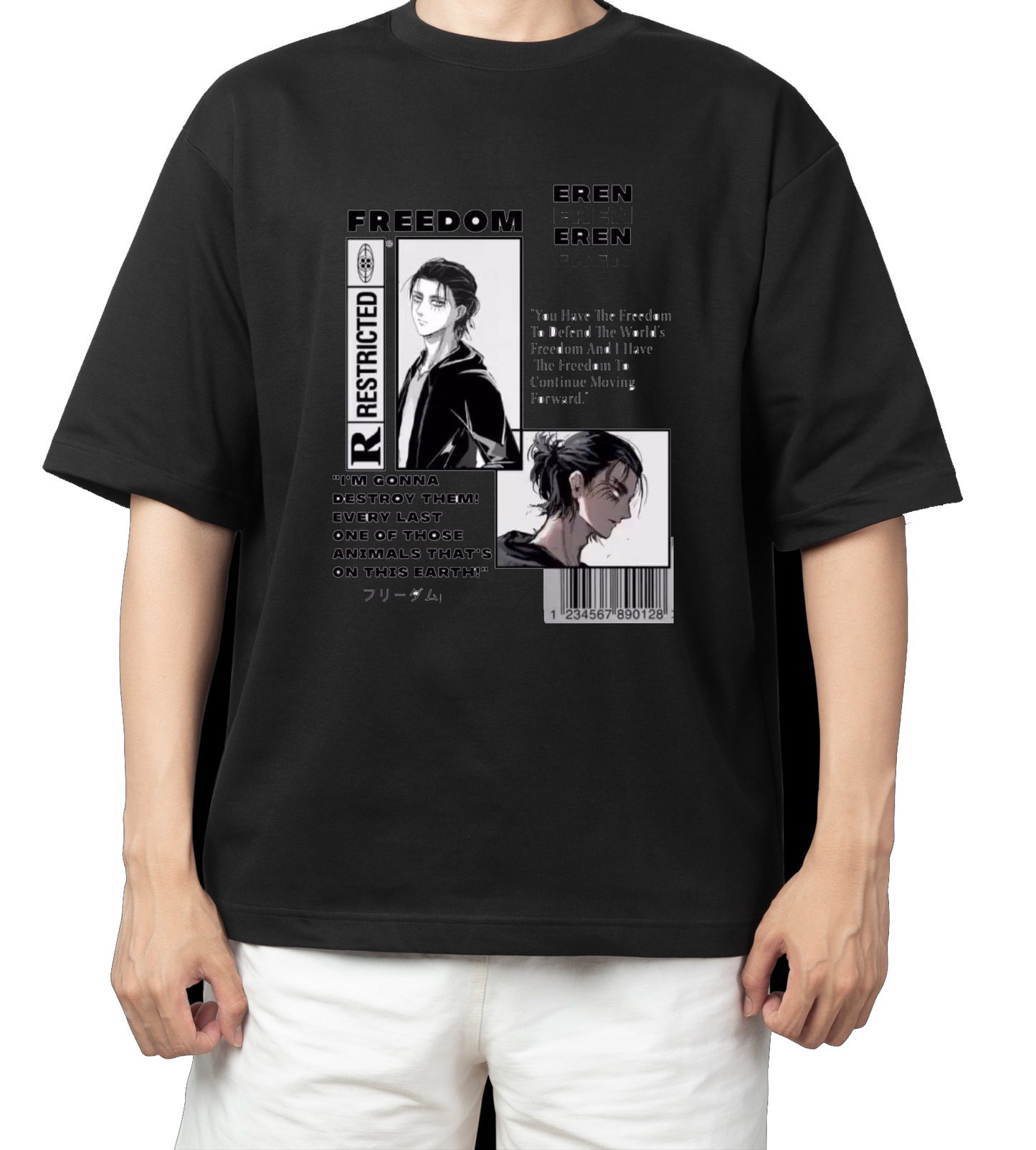 Anime Attack on titan shingeki no kyojin eren levi mikasa  Aot black  Oversize  t- shirt 2
