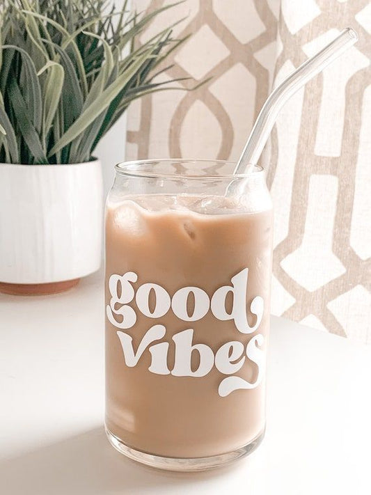 Mug with Wooden Lid and Clear Glass Straw: Practical for Juices and Ice Coffee good vibes