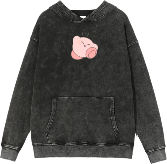 Cute Pink Anime Kirby Character Graphic Vintage Washed Hoodie for Women and Men, Kawaii Cartoon Dark Grey Pullover Sweatshirt 2