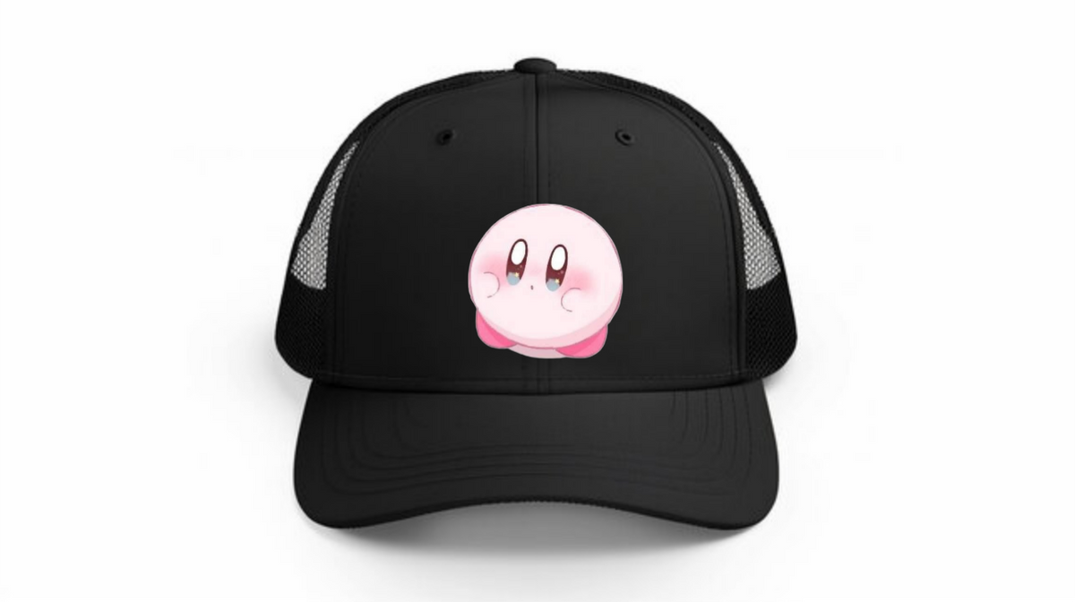 Kawaii Kirby Crown Pink Character Mesh Trucker Hat, Cute Anime Princess/King Black Baseball Cap, Adjustable Snapback for Women and Teens 2