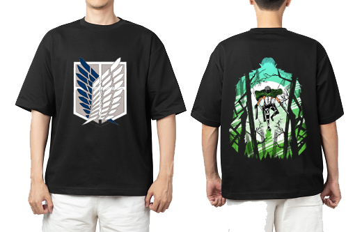 Anime Attack on titan shingeki no kyojin eren levi mikasa Aot black Oversize  t- shirt  back 2