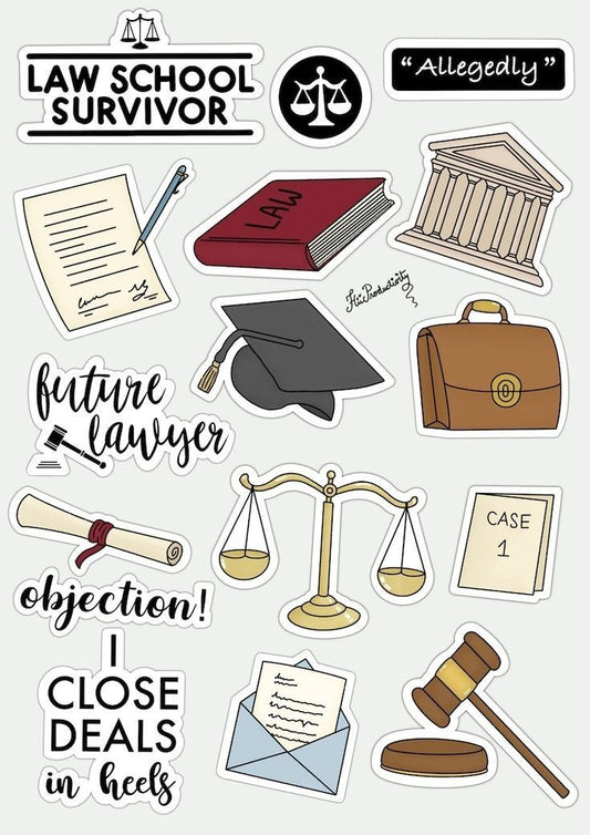Law School Sticker Pack – Future Lawyer & Law School Survivor Vinyl Decals for Laptop, Planner, Water Bottle – Cute Legal Humor Stickers for Law Students, Attorneys, Paralegals