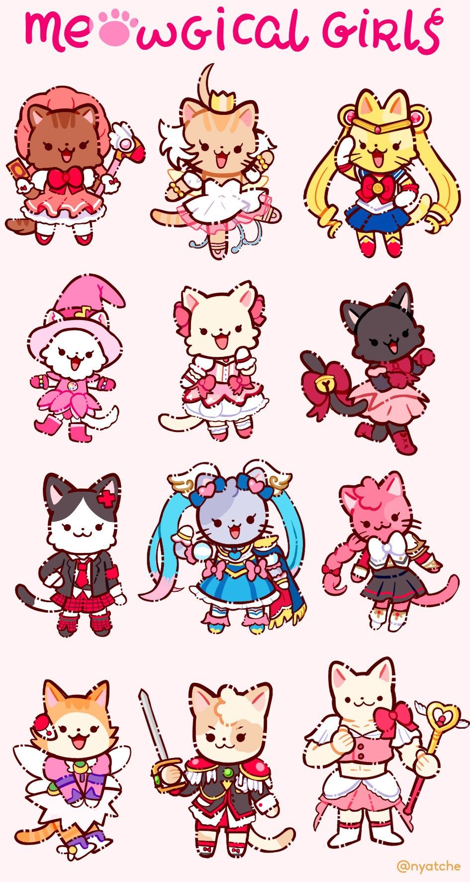 Meowgical Girls Stickers Pack, Cute Kawaii Magical Cat Costumes, Anime Aesthetic Stickers for Journaling, Scrapbooking, Water Bottles, Laptop, and Planner Decals