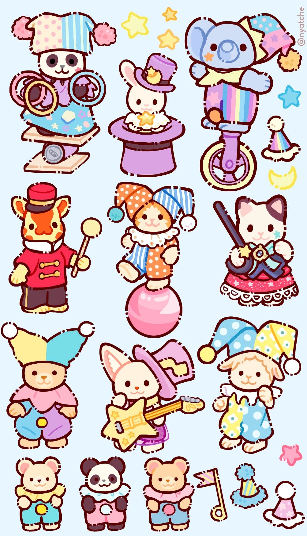 Cute Circus Animals Stickers Pack, Kawaii Clowns, Juggling, and Carnival Theme Aesthetic Stickers for Journaling, Scrapbooking, Water Bottles, Laptop, and Planner Decals
