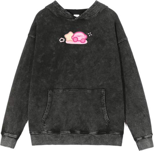 Cute Pink Anime Kirby Character Graphic Vintage Washed Hoodie for Women and Men, Kawaii Cartoon Dark Grey Pullover Sweatshirt 30