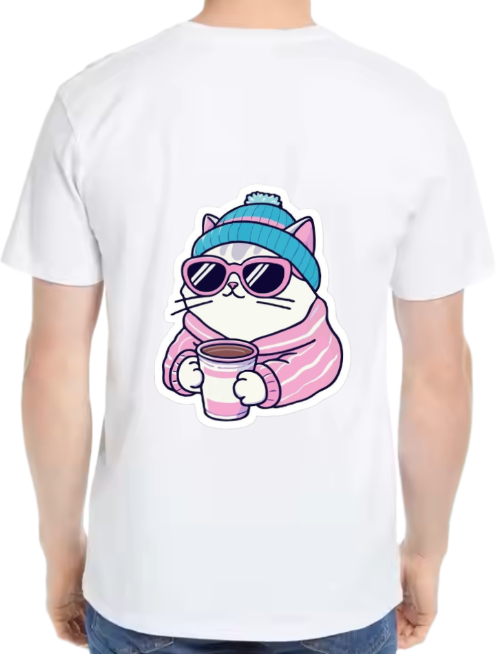 cat wearing a hat and sunglasses t- shirt One Size White back 30