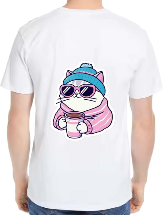 cat wearing a hat and sunglasses t- shirt One Size White back 30