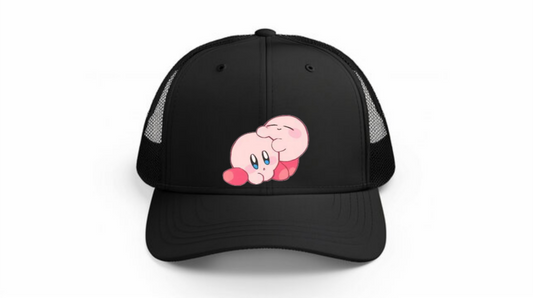Kawaii Kirby Crown Pink Character Mesh Trucker Hat, Cute Anime Princess/King Black Baseball Cap, Adjustable Snapback for Women and Teens 30