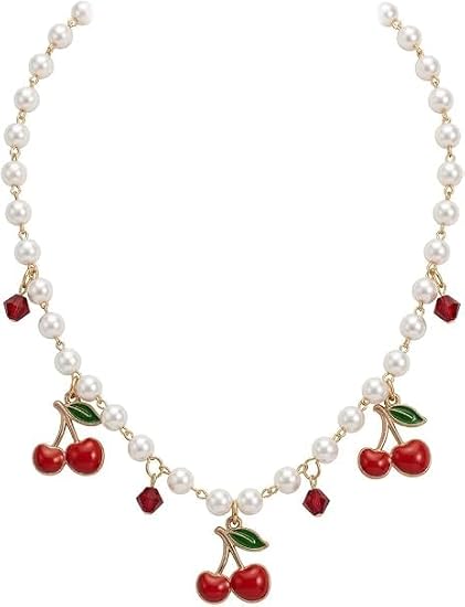 Faux Pearl Choker Necklace with Red Enamel Cherry Pendants and Burgundy Crystal Beads, Cute Summer Fruit Jewelry Gift for Women