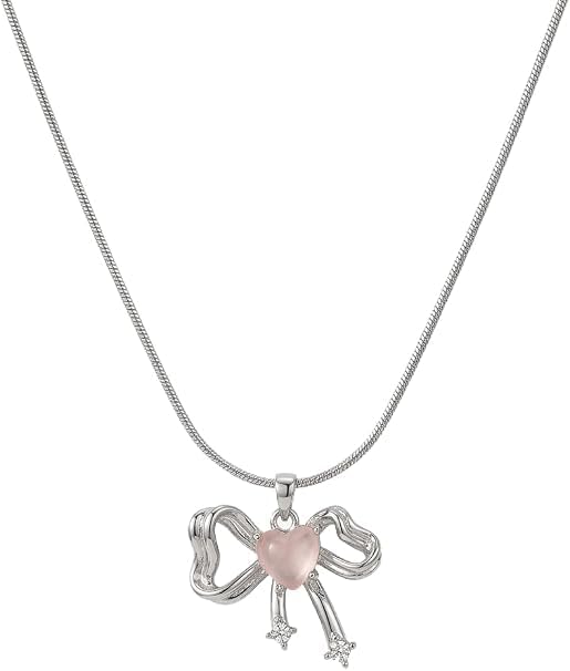 Silver Ribbon Bow Pendant Necklace with Pink Rose Quartz Heart and Sparkly Cubic Zirconia Stones, Cute Coquette Jewelry Gift for Women