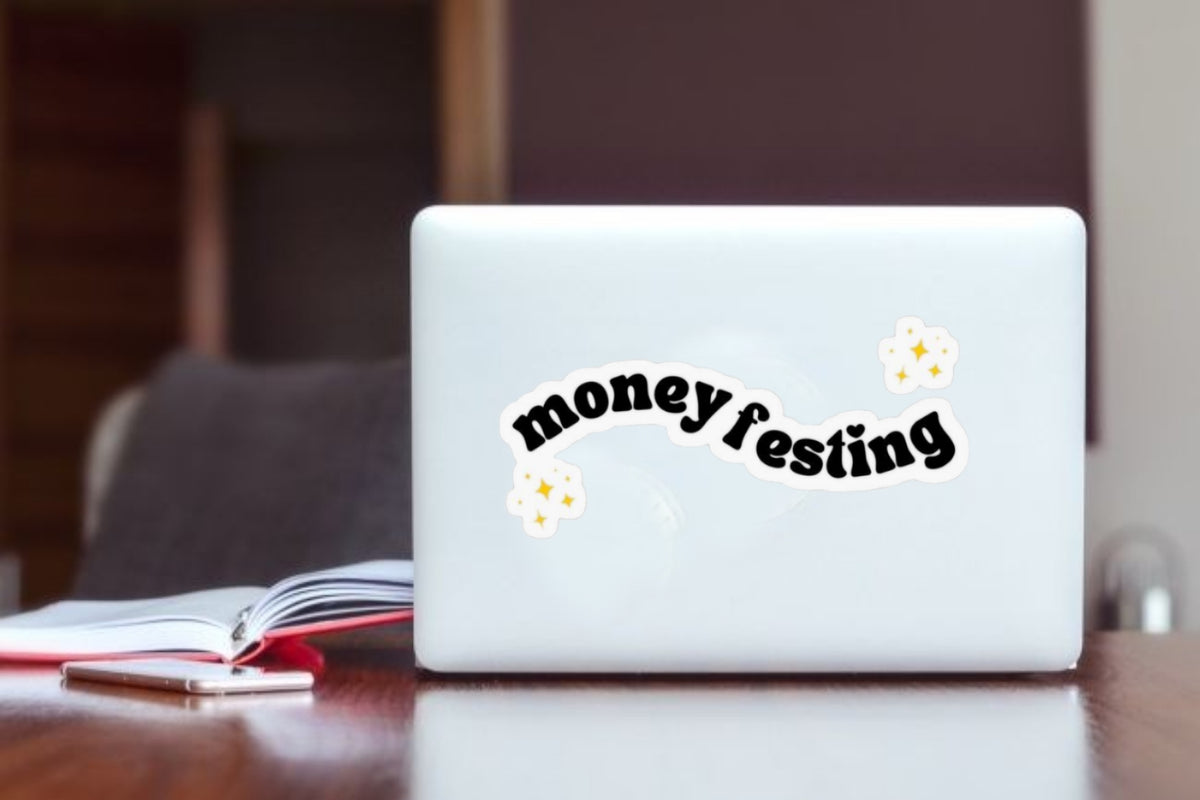 Money Festing" Trendy Quote Aesthetic Sticker, Cute Black Wave Typography Decal with Stars for Laptop, Water Bottles, Journaling, Scrapbooking, and Planners