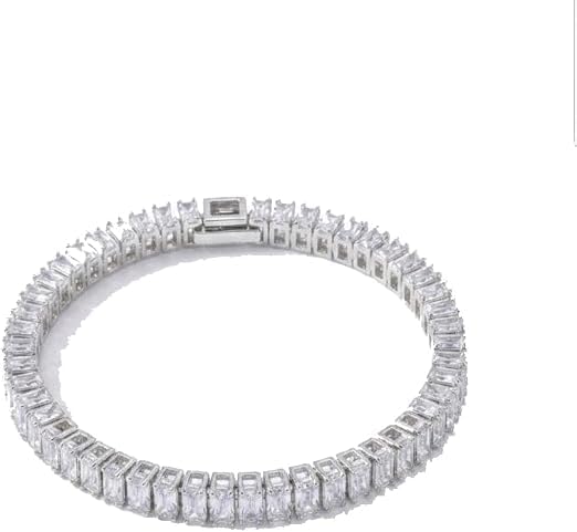 Classic Silver Tennis Bracelet with Emerald Cut Cubic Zirconia Stones, White Gold Plated Bridal Line Bracelet for Women