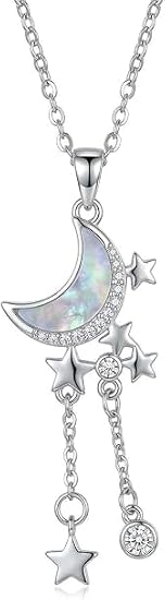 Silver Crescent Moon and Star Pendant Necklace with Mother of Pearl and Dangling Tassel Charms, Celestial Cubic Zirconia Jewelry Gift for Women
