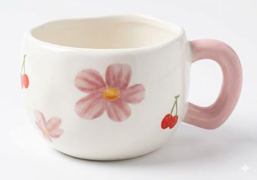The Dancing red Heart Mug coffee gift handmade cup Trendy Cherry & Flower Porcelain Mug