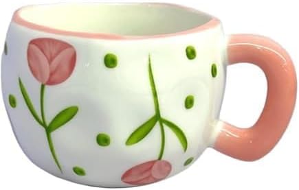Handpainted Tulip Ceramic Mug, Cute Aesthetic Coffee and Tea Cup, Fat Belly Milk Mug with Pink Handle, Unique Gift for Women and Girls