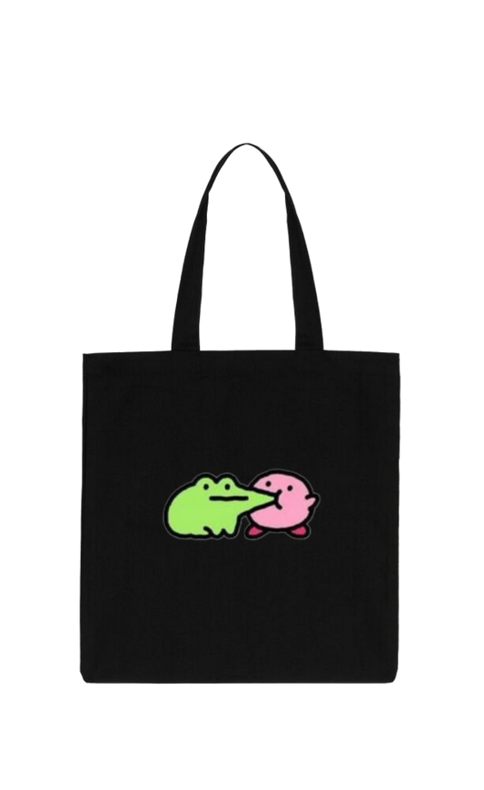 Kawaii Cute Kirby Black Canvas Tote Bag, Aesthetic Anime Character Reusable Shopping Bag, Large Grocery Bag, Book Tote for Women and Girls 32