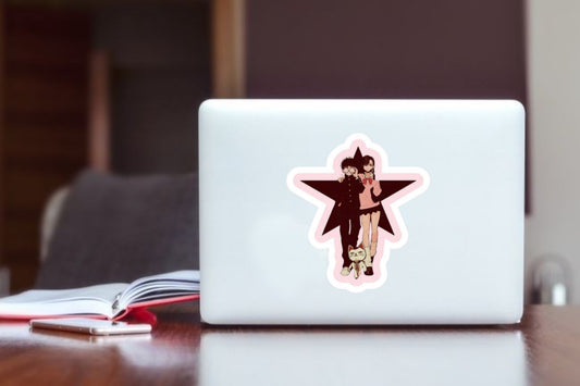 Anime Couple and Cat Star Aesthetic Sticker, Waterproof Vinyl Decal for Laptop, Water Bottle, Hydro Flask, and Journal