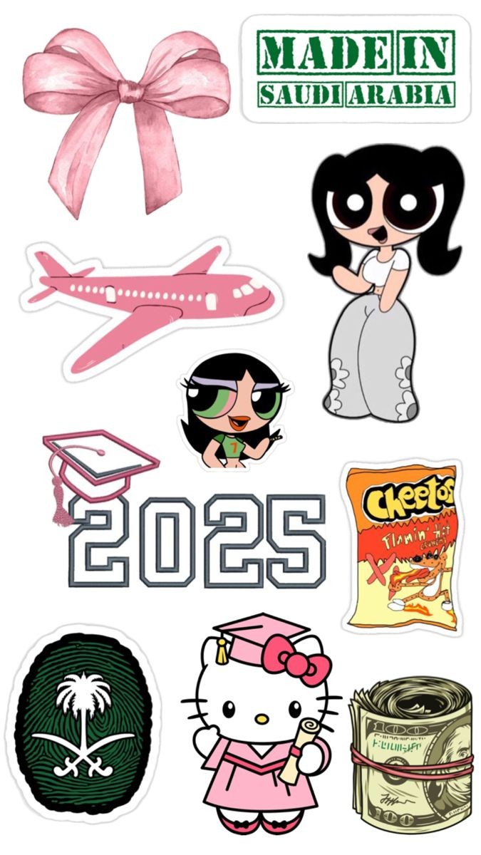 Graduation & Aesthetic Stickers Pack, Hello Kitty, Saudi Arabia Theme, Pink Airplane, Cheetos, and Waterproof Vinyl Decals for Water Bottles, Laptops, and Journaling