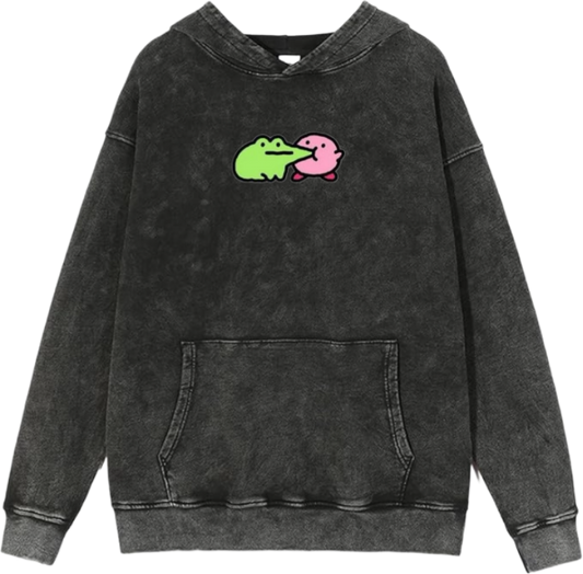 Cute Pink Anime Kirby Character Graphic Vintage Washed Hoodie for Women and Men, Kawaii Cartoon Dark Grey Pullover Sweatshirt 32