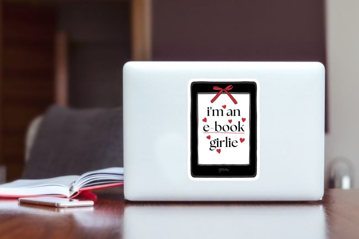 "I'm an E-Book Girlie" Kindle Sticker, Coquette Bow Reading Aesthetic Vinyl Decal for Kindle, Laptop, Water Bottle, and Journal