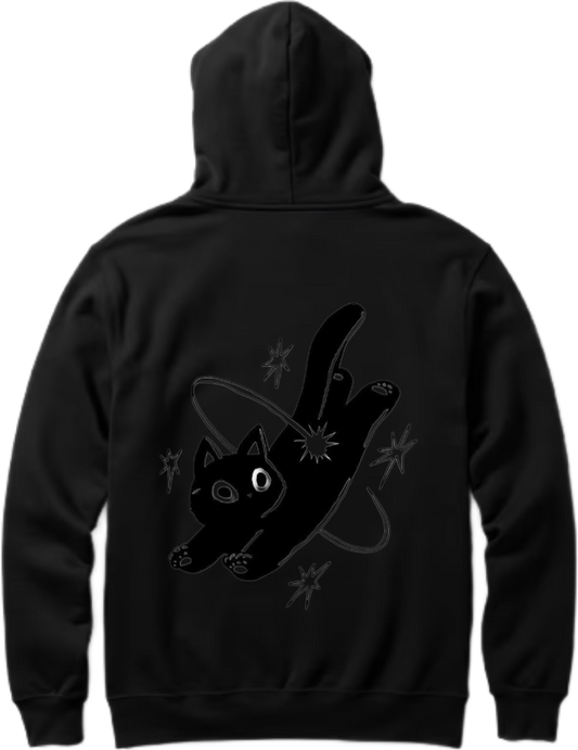 cat floating in space with stars and a planet One Size hoodie Black Back 33
