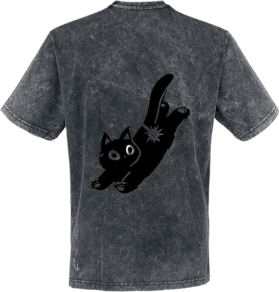 A black cat that looks like it is flying among the stars t- shirt One Size Washed Back 33