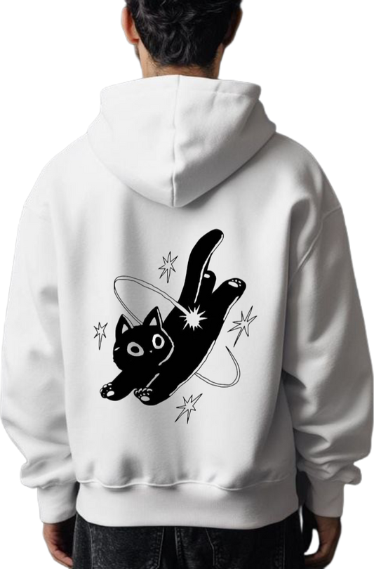 black cat playing with a piece of string One Size hoodie White Back 33